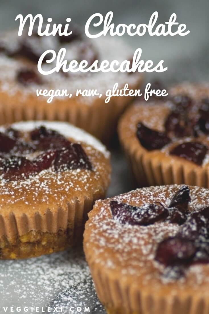 Mini Raw Vegan Chocolate Cheesecakes with Cherry and Powdered Sugar