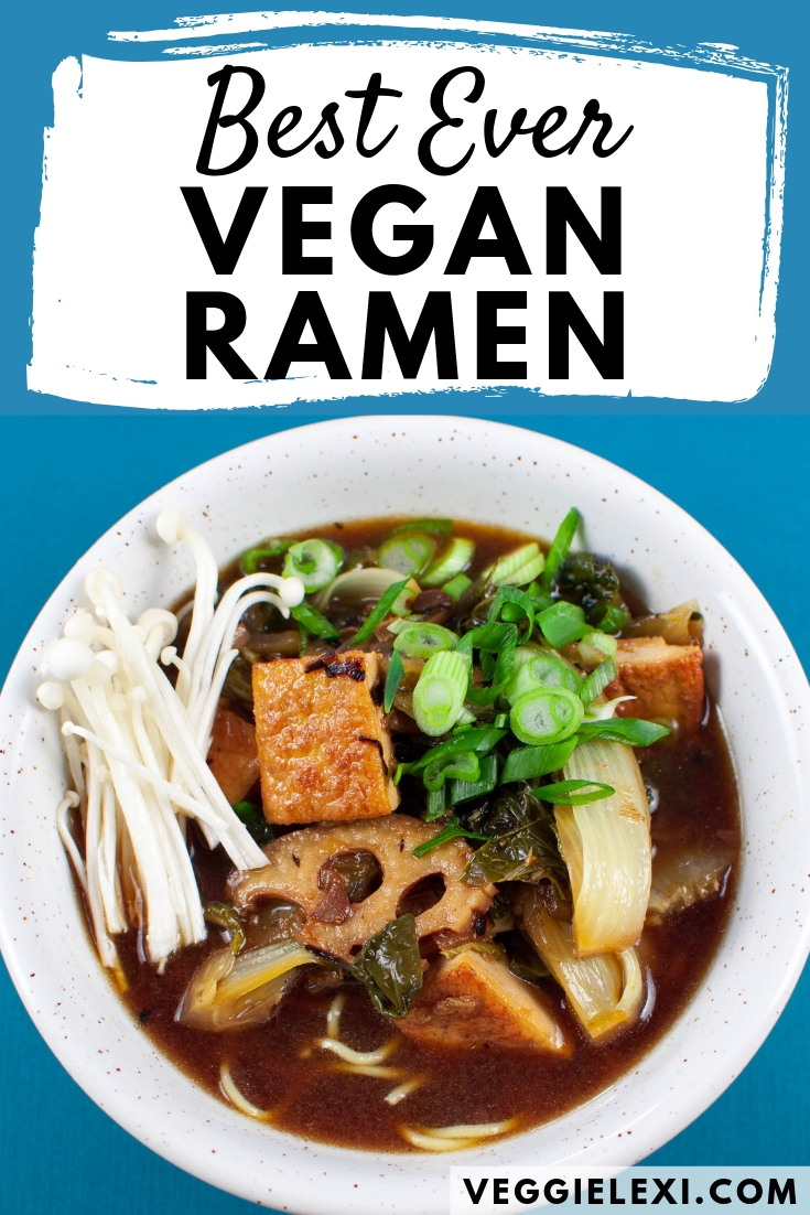 The best vegan ramen ever!  Filled with tons of delicious veggies, this ramen will satisfy all of your ramen cravings.  Better yet, it comes together much faster than traditional recipes! #veggielexi #veganrecipes #ramen #vegansoup - by Veggie Lexi
