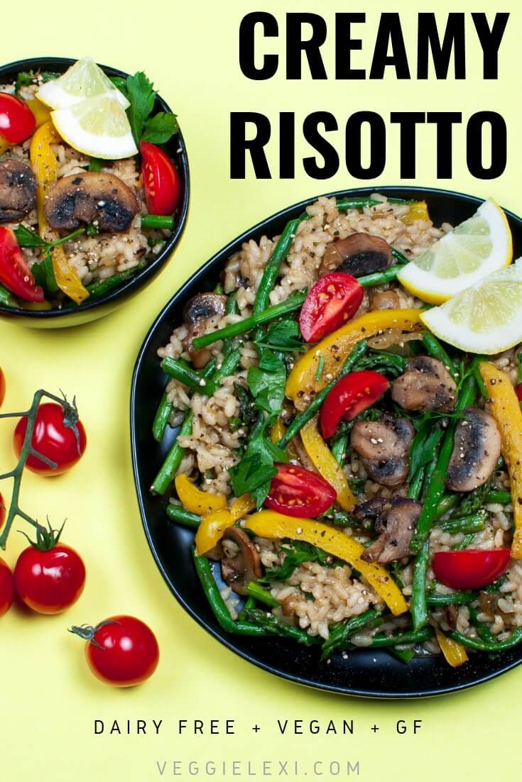 Vegan Risotto with Asparagus, Yellow Bell Pepper, Tomatoes, Parsley, and Lemon