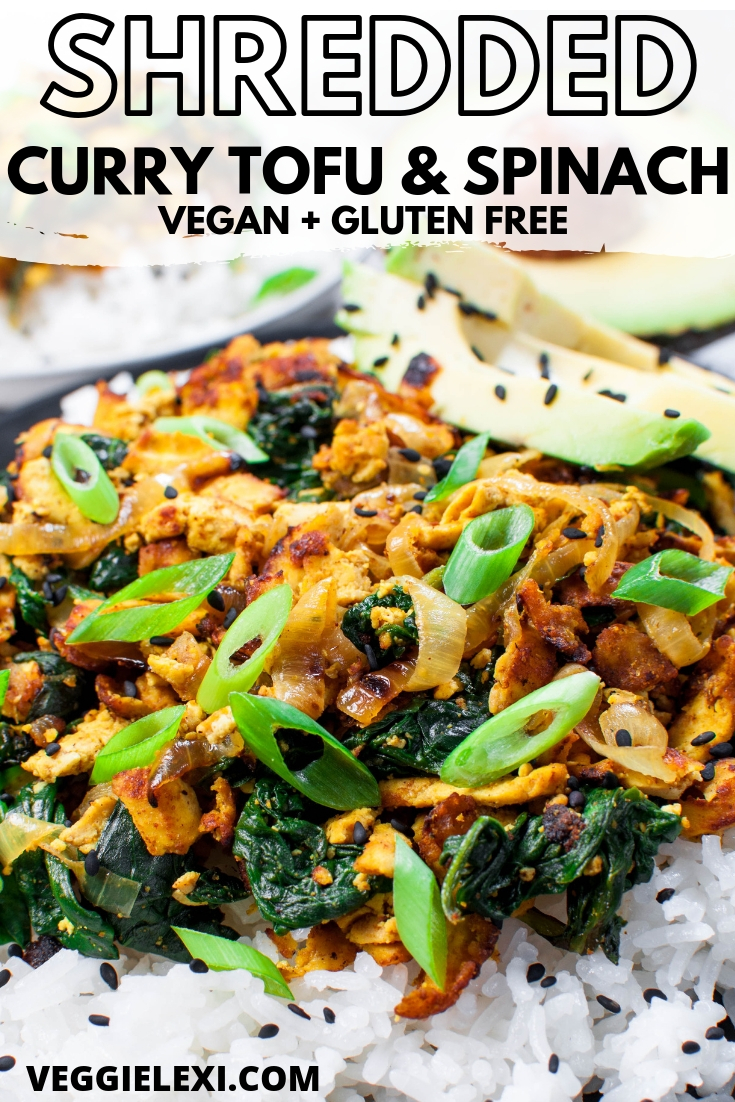 Easy and delicious new take on tofu!  Shredding super firm tofu gives a wonderful texture.  Serve with caramelized onion, spinach, some curry flavor, avocado, rice, and sesame seeds for the perfect quick weeknight meal! #veggielexi #veganrecipes #tofu #tofurecipes #glutenfreerecipes #vegandinner - by Veggie Lexi