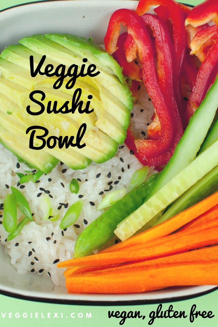 Sushi Bowl with Avocado, Red Bell Pepper, Cucumber, Carrot, Scallion, and Black Sesame Seeds