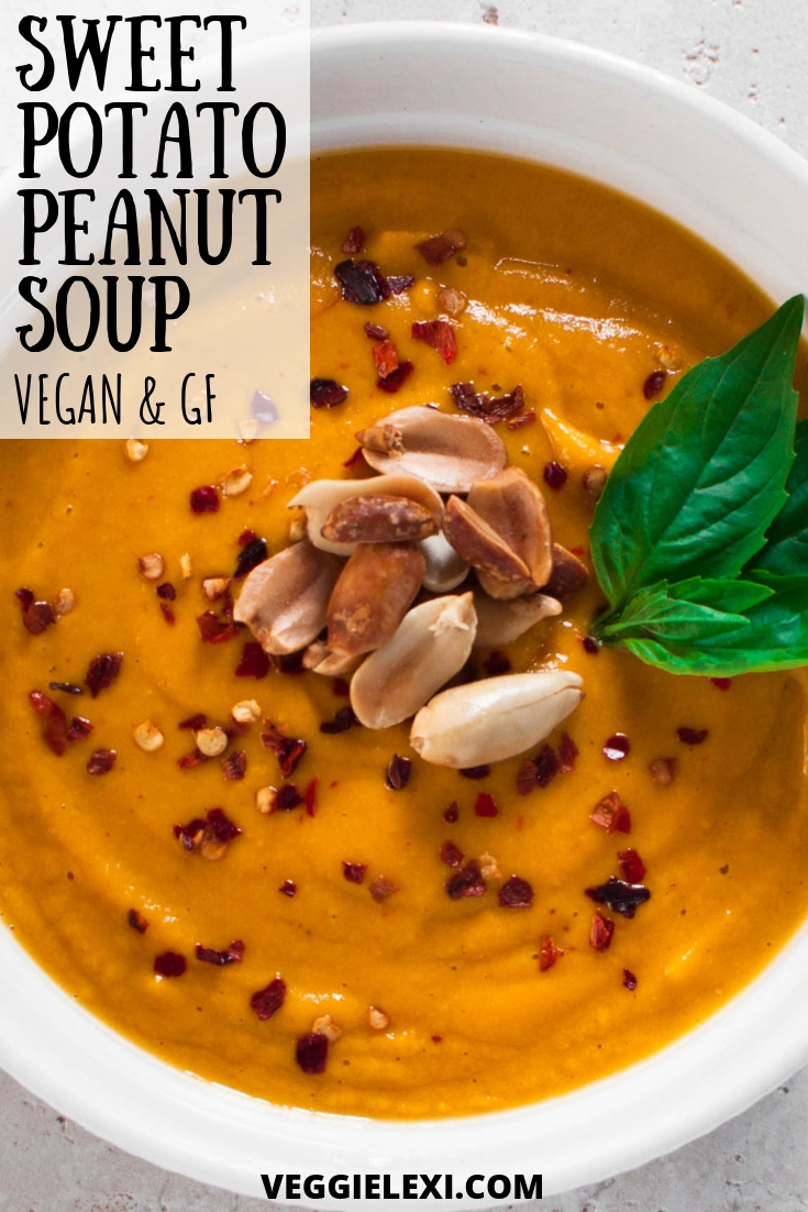 Incredibly delicious sweet potato peanut soup that's ready in only 20 minutes! Vegan, gluten free, healthy, and so flavorful. #veggielexi #vegansoup #veganrecipes #soup #sweetpotato #glutenfreerecipes - by Veggie Lexi
