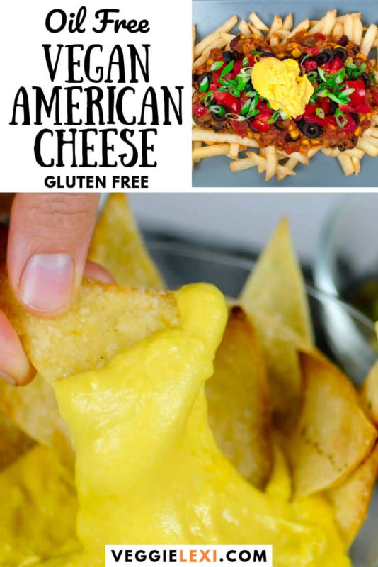 Vegan cheese that's the perfect mix between nacho cheese and American cheese in flavor. Melty, stretchy, and so delicious! Even better, it's oil free (though you'd never know it from the taste)! #veggielexi #veganrecipes #vegancheese #veganfood
