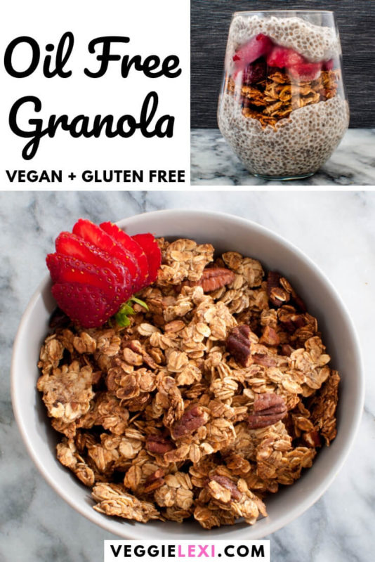 Oil free granola makes the perfect healthy breakfast!  This base recipe is perfect for personalizing to suit your taste.  Use any of your favorite mix-ins, or enjoy as is!  #veggielexi #oilfree #granola #veganfood #glutenfreerecipes