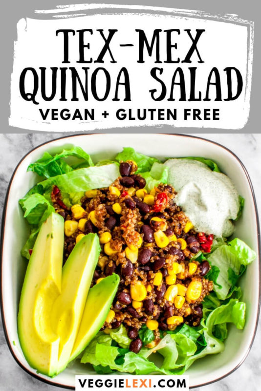 Tex-Mex quinoa salad is the perfect protein packed hearty vegan salad! Delicious and full of flavor, this meal is perfect for meal prep. Made with onion, garlic, corn, black beans, and sun dried tomatoes. #veggielexi #quinoa #quinoarecipes #quinoasalad #veganrecipes #glutenfreerecipes #glutenfreevegan