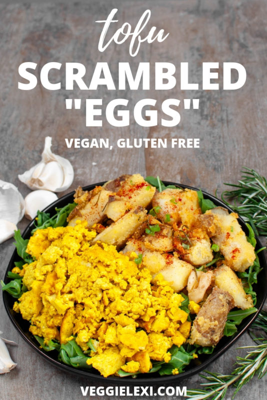 Try this amazing vegan and gluten free breakfast! A delicious Tofu Scramble served with Roasted Crispy Polenta Potatoes with Garlic and Rosemary. - by Veggie Lexi