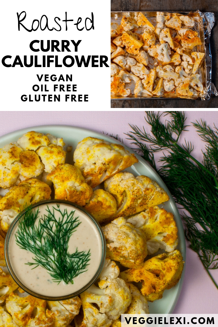 Delicious oil free roasted curry cauliflower makes the perfect healthy snack or side dish!  Vegan, gluten free, low carb, and keto, too!  #veggielexi #lowcarb #veganrecipes #lowcarbrecipes - by Veggie Lexi