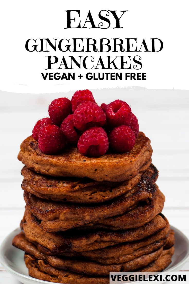 Try these easy and delicious vegan and gluten free gingerbread pancakes!  This recipe turns any pancake mix into the most delicious gingerbread pancakes.  #veggielexi #veganrecipes #gingerbread #pancakes #glutenfreerecipes