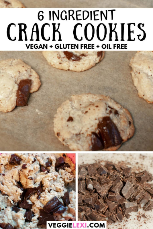 Vegan gluten free chocolate chunk cookies are absolutely addictive!  They're so delicious, use only 6 ingredients, and have a totally unique taste.  They're especially delicious after hanging out in the freezer for a bit! #veggielexi #vegancookies #veganrecipes #veganfood #glutenfreecookies