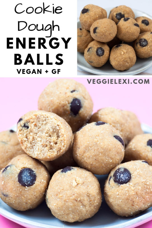 Delicious cookie dough energy balls make the perfect vegan and gluten free snack! #veggielexi #veganrecipes #glutenfreerecipes #energybites #energyballs