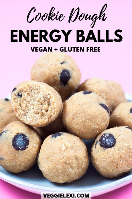 Bring these vegan and gluten free cookie dough energy balls out with you for the perfect energy boost!  Delicious, easy, and perfect for preventing a mid afternoon energy crash.  #veggielexi #veganrecipes #energyballs #energybites #cookiedough