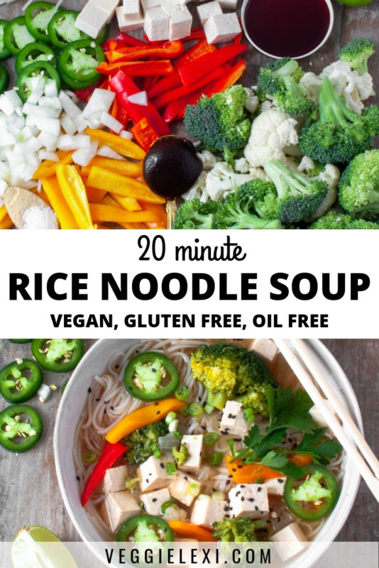Vegan and Gluten Free Easy Pho. Rice Noodle Soup with Bell Pepper, Onion, Broccoli, Cauliflower, Rice Noodles, and Tofu - by Veggie Lexi