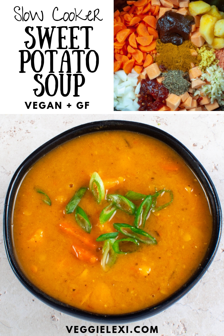 Delicious spicy sweet potato and red lentil soup! Vegan, gluten free, and made in the slow cooker. Even better, it's refined sugar free and uses the natural sweetness from frozen pineapple to balance out the heat from the chili paste. #veggielexi #slowcookerrecipes #veganrecipes #vegansoup #glutenfreerecipes - by Veggie Lexi