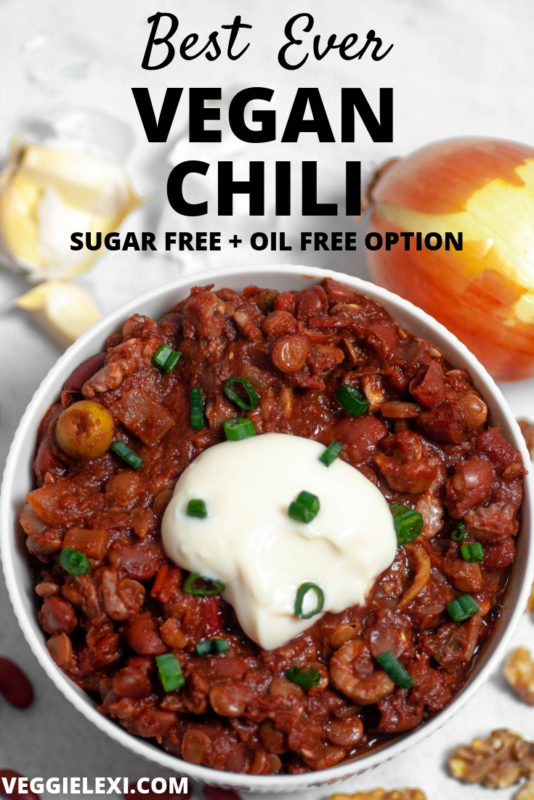 Delicious vegan, gluten free, sugar free, and oil free chili will win you over. Completely savory with a wonderful "meaty" quality from the lentils and walnuts. - by Veggie Lexi