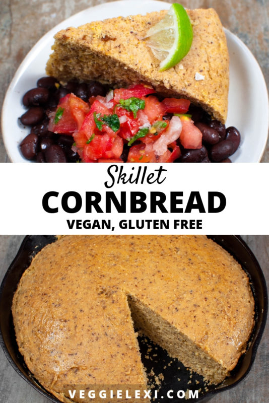 Enjoy this delicious vegan and gluten free cast iron skillet cornbread! Perfectly savory and just sweet enough. - by Veggie Lexi