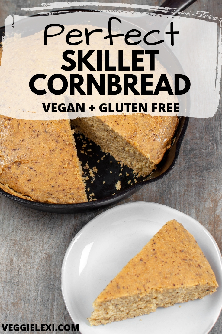 Delicious vegan and gluten free skillet cornbread! Just a little sweet and a lot savory. #veggielexi #veganrecipes #glutenfreerecipes #cornbread - by Veggie Lexi