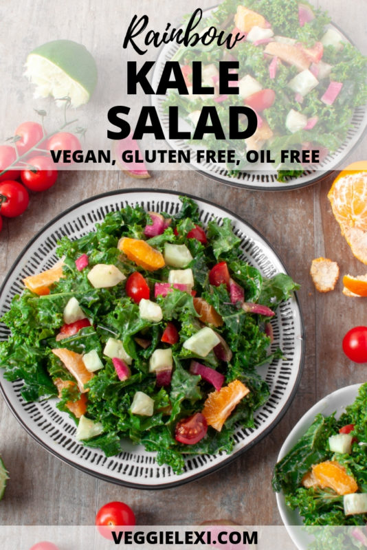 Try this delicious vegan, gluten free, and oil free kale salad! This healthy salad is packed with nutrients, vitamins, minerals, and antioxidants. This salad is made with kale, clementine, cucumber, watermelon radish, and cherry tomatoes. It's tossed in a homemade lime juice, rice vinegar, peanut butter, coconut amino, and water salad dressing. - by Veggie Lexi