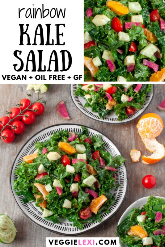 Kale salad with clementine, cucumber, watermelon radish, and cherry tomatoes. Vegan, gluten free, oil free too!  Such a delicious and colorful salad! #veggielexi #veganrecipes #vegansalad #oilfree #kalesalad