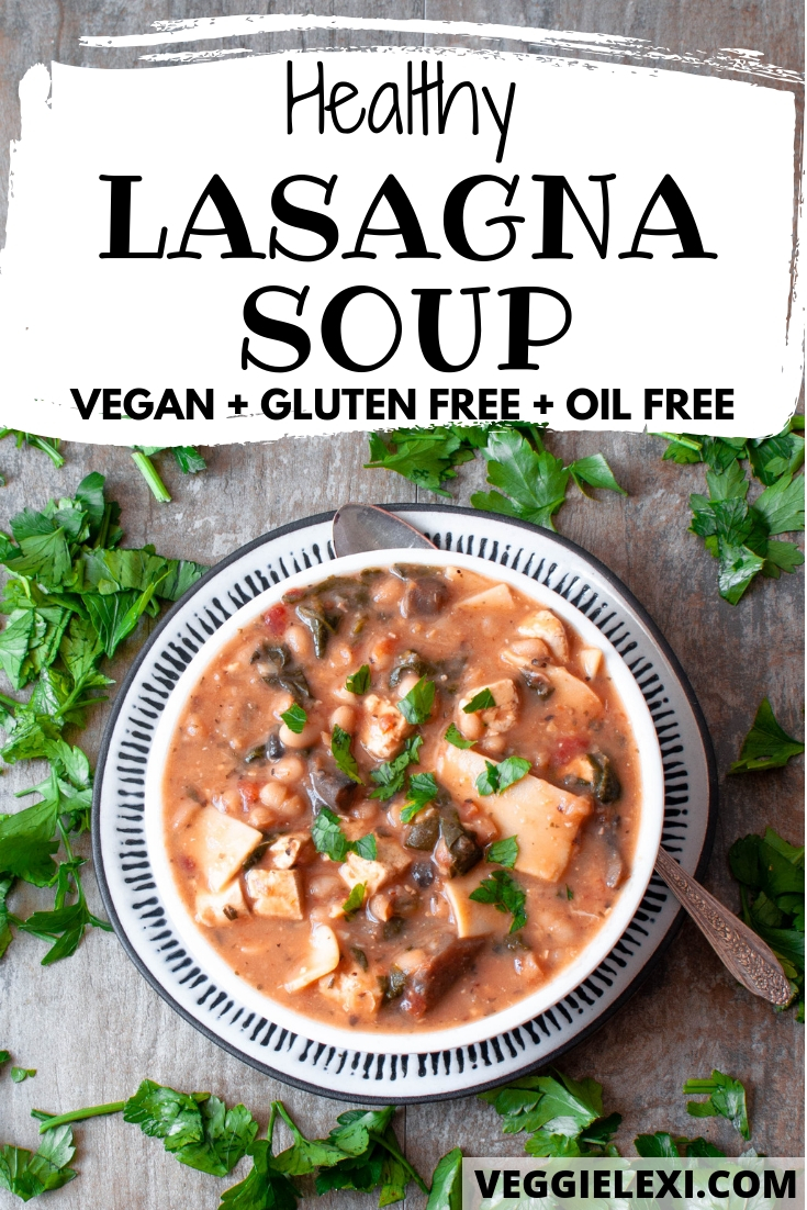 Creamy Vegan and Gluten Free Lasagna Soup. Made with Mushrooms, Garlic, Onion, Zucchini, Tomato, Navy Beans, and Tofu. #veggielexi #veganrecipes #vegansoup #lasagnasoup #glutenfreerecipes - by Veggie Lexi