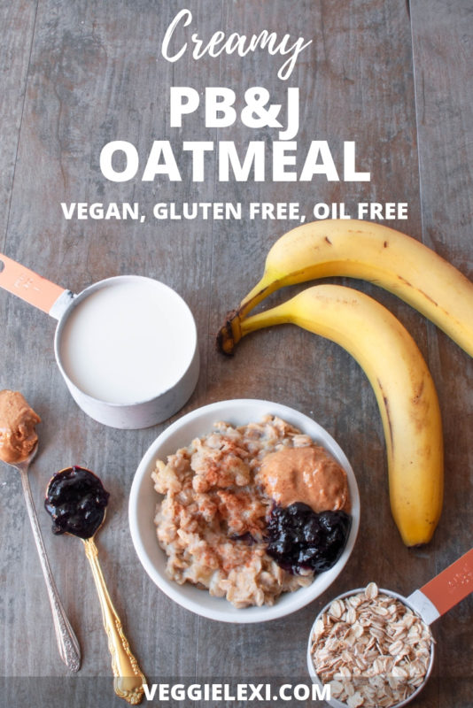 The Ultimate Creamy Oatmeal. Made with Soy Milk, Old Fashioned Oats, and Bananas. Topped with Peanut Butter and Jam. - by Veggie Lexi