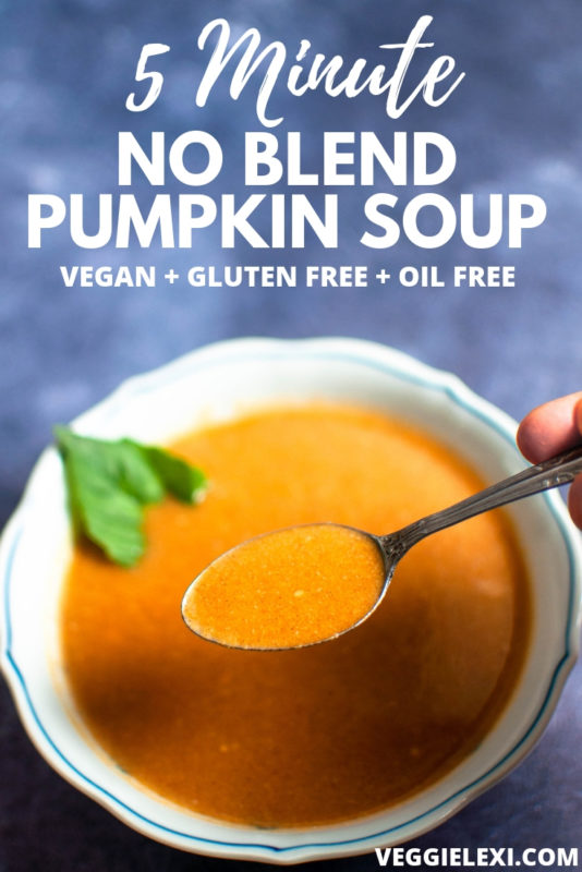 Delicious pumpkin soup that's savory, full of Fall spices, and just a hint of sweet. It comes together in only 5 minutes, one pot, and without blending. - by Veggie Lexi