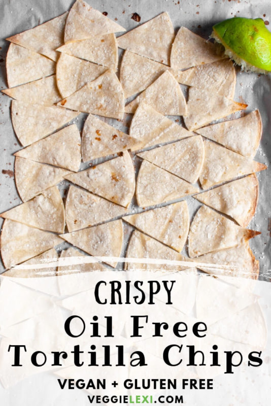 Oil free tortilla chips that are delicious and so crispy!  Flavored with salt and lime juice, these are perfect for dipping or as the base of healthy nachos. #veggielexi #chips #glutenfreefood #tortillachips #oilfree