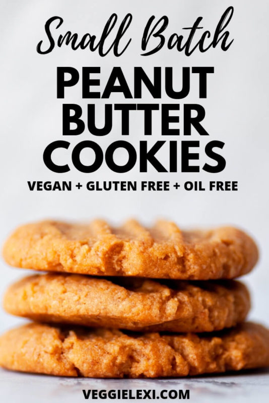 Perfect vegan, gluten free, and oil free peanut butter cookies!  These are made in a small batch, so they're perfect for when 1 or 2 people want to indulge without tons of leftovers! #veggielexi #cookies #cookierecipes #vegancookies #glutenfreecookies #oilfree #peanutbuttercookies