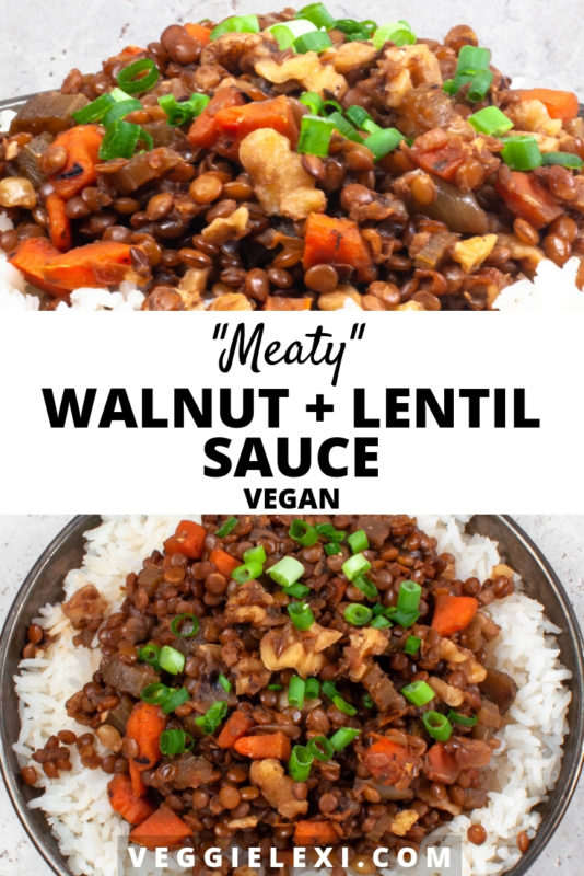 Try topping your pasta or rice with this delicious vegan "meaty" walnut and lentil sauce! The inspiration was a vegan version of a "meaty" tomato pasta sauce, but without the tomatoes. For flavor I included carrots, celery, and onions - it turned out so delicious! - by Veggie Lexi