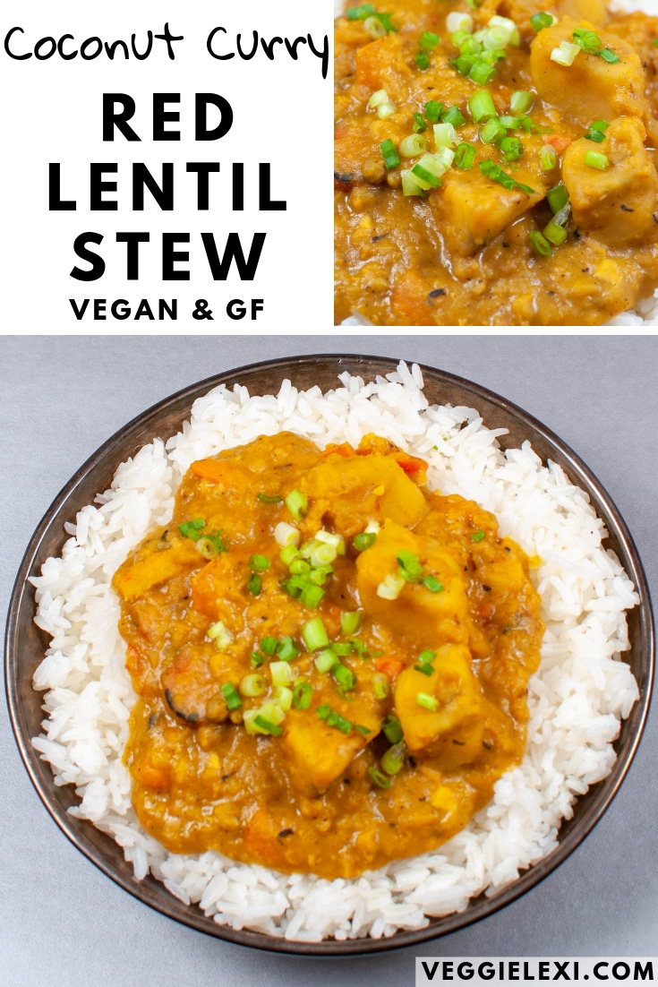 Try this delicious, easy, hearty, one pot coconut curry red lentil stew. It's loaded with sweet potatoes, onion, garlic, ginger, and carrots. Perfect on its own and pairs so well with rice, too. #veggielexi #veganrecipes #vegansoup #glutenfreerecipes - by Veggie Lexi