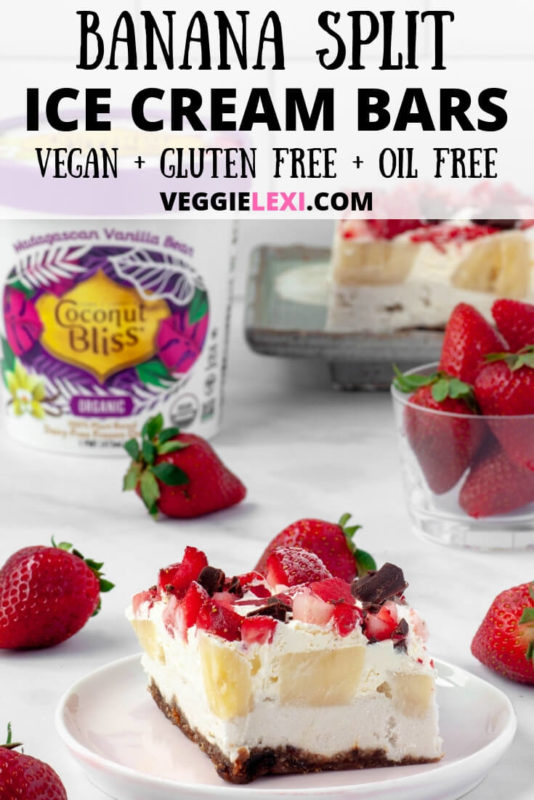 #ad Vegan and Gluten Free Banana Split Ice Cream Bars make the perfect Summertime treat! This ultra creamy #plantbased #dessert is made with #coconutbliss ice cream, a date crust, fresh strawberries, chocolate chunks, and bananas. Make a batch to share with your friends, or store in your freezer to have a delicious dessert on hand! #veggielexi #veganrecipes #glutenfreerecipes #bananasplit