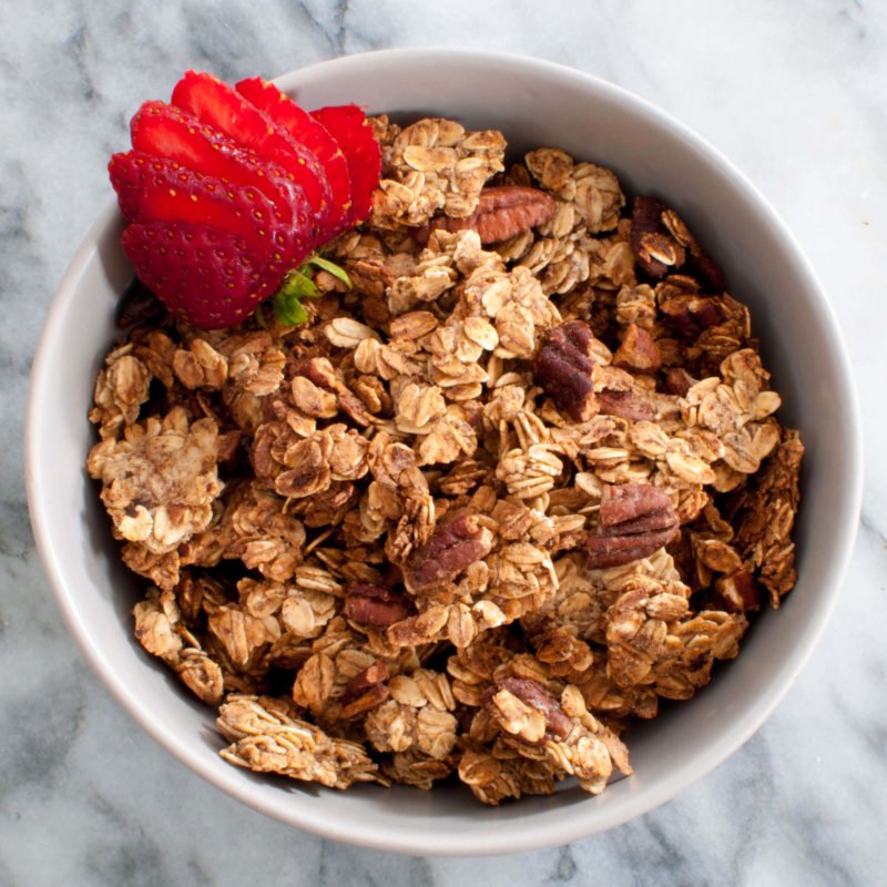 Oil Free Gluten Free Vegan Granola with Pecans and Strawberries