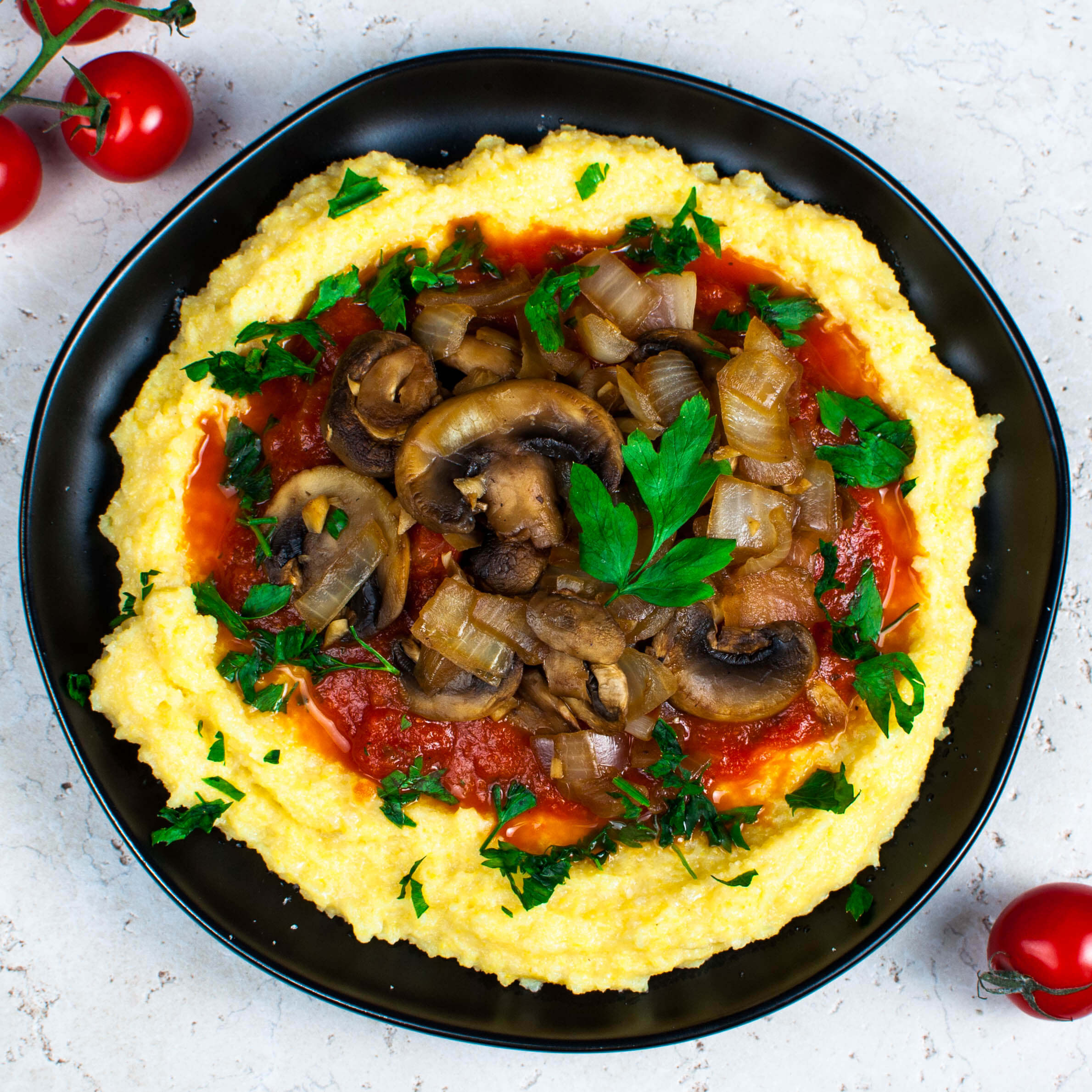 Polenta Mash with Marinara, Mushrooms, Sauteed Onions, and Parsley