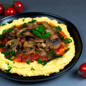 Polenta Mash with Marinara, Mushrooms, Sauteed Onions, and Parsley