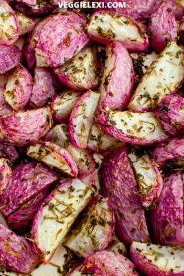 Delicious roasted radish is the perfect keto replacement for roasted potatoes. Beautiful and satisfying, this makes the perfect low carb side dish! - by Veggie Lexi