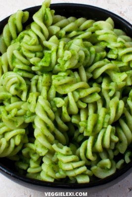 Oil Free Vegan Spinach Pesto Tossed with Rotini Pasta