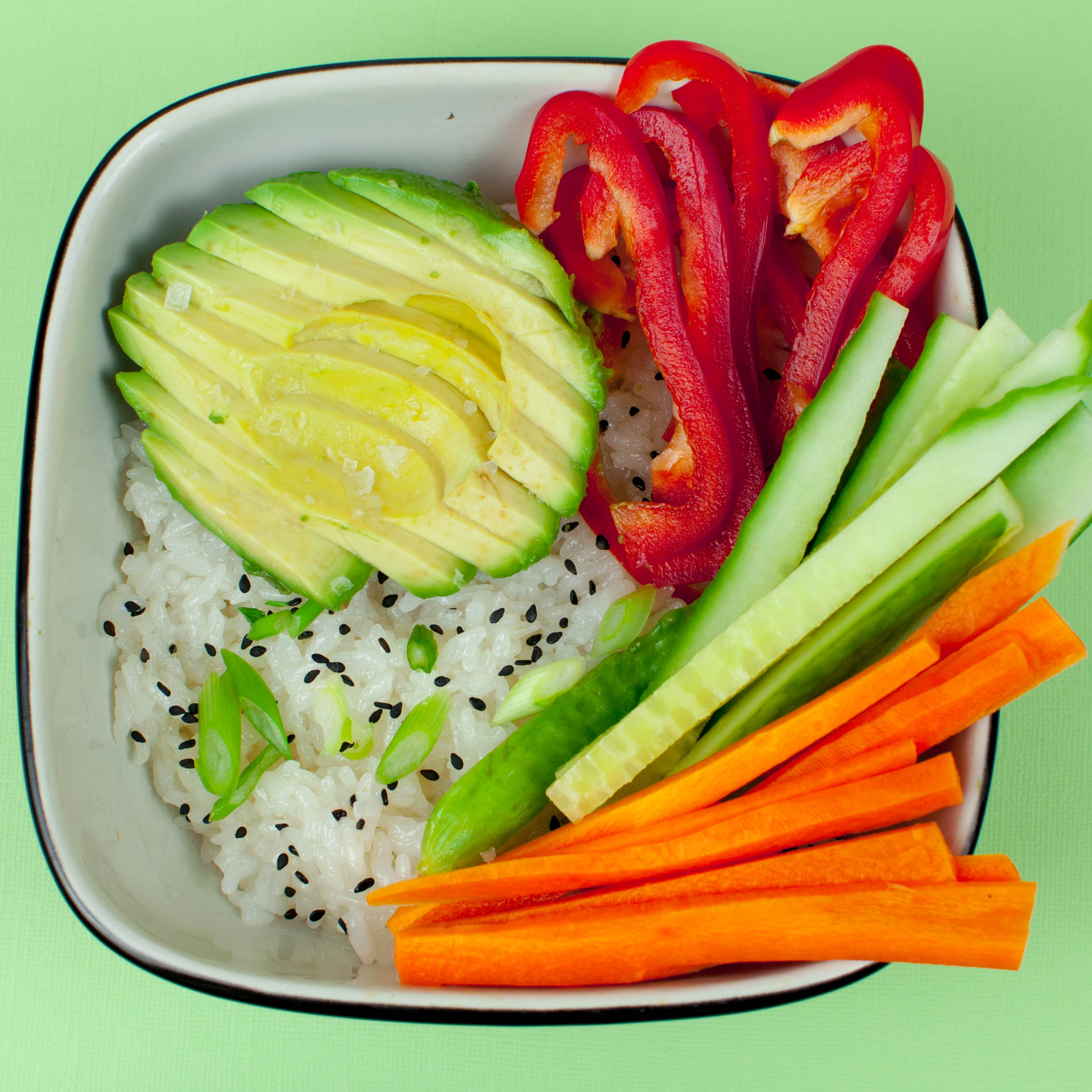 Sushi Bowl with Avocado, Red Bell Pepper, Cucumber, Carrot, Scallion, and Black Sesame Seeds