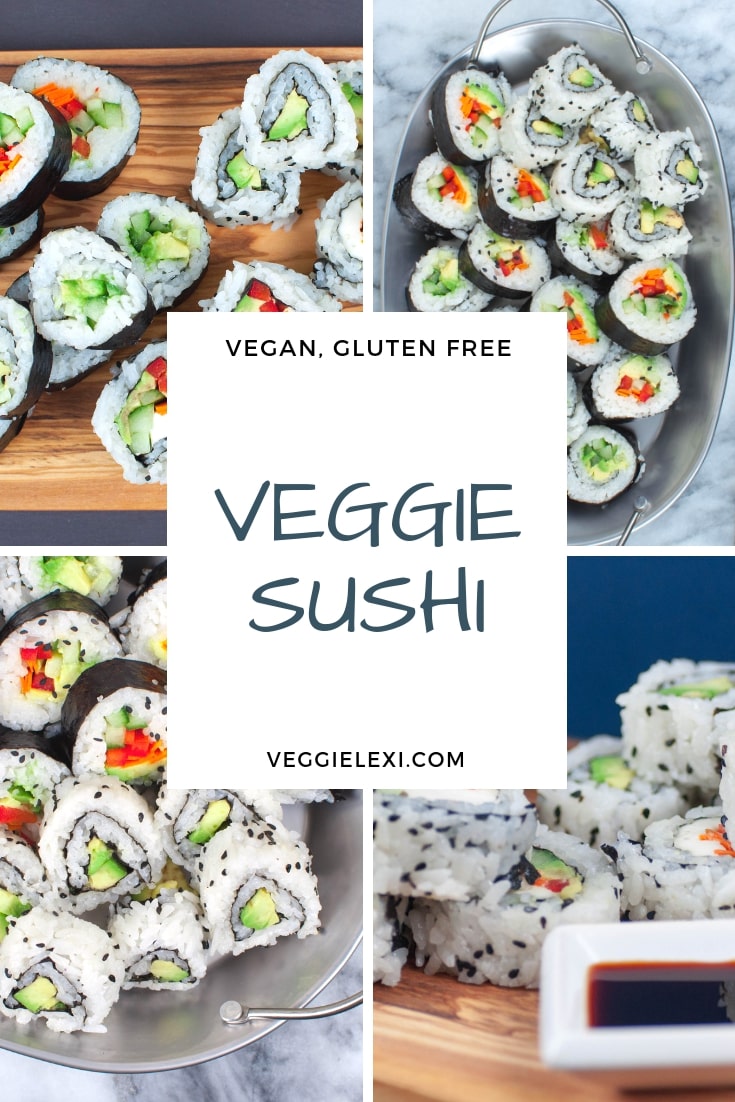 Vegan Sushi Rolls with Avocado, Carrot, Red Bell Pepper, Cucumber, and Vegan Cream Cheese