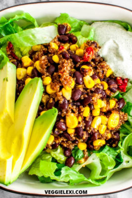 Tex-Mex Quinoa Salad with Corn, Black Beans, and Sun Dried Tomatoes. Served on Romaine Lettuce, with Avocado, and Vegan Ranch Dressing.