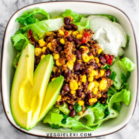 Tex-Mex Quinoa Salad with Corn, Black Beans, and Sun Dried Tomatoes. Served on Romaine Lettuce, with Avocado, and Vegan Ranch Dressing.