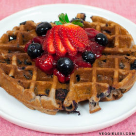 Oil Free and Gluten Free Blueberry Waffles with Strawberry Sauce, Blueberries, and Strawberries