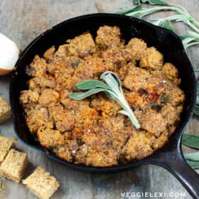 Vegan and Gluten Free Sweet and Savory Cornbread Stuffing Dressing with Caramelized Onions and Fresh Sage - by Veggie Lexi