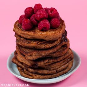 How To Make Easy Gluten Free Vegan Gingerbread Pancakes with Any Gluten Free Pancake Mix - Served with Fresh Raspberries - by Veggie Lexi