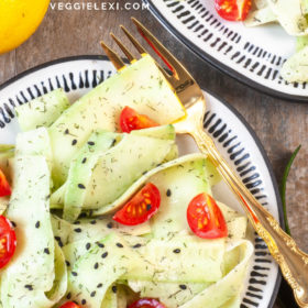 Delicious, light, and refreshing. This simple vegan and gluten free cucumber salad makes the perfect Spring or Summer side dish. #veggielexi #veganrecipes #salad #vegansalad - by Veggie Lexi