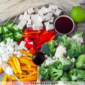 Vegan and Gluten Free Easy Pho. Rice Noodle Soup with Bell Pepper, Onion, Broccoli, Cauliflower, Rice Noodles, and Tofu - by Veggie Lexi