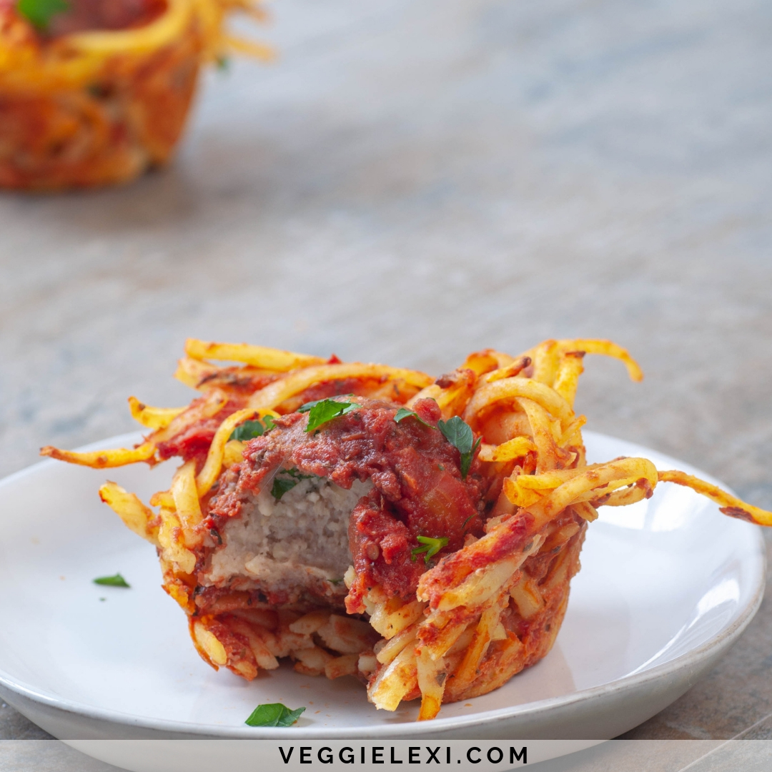 Vegan and Gluten Free Spaghetti Cups with Oat and Walnut Balls or "Meatballs" - by Veggie Lexi