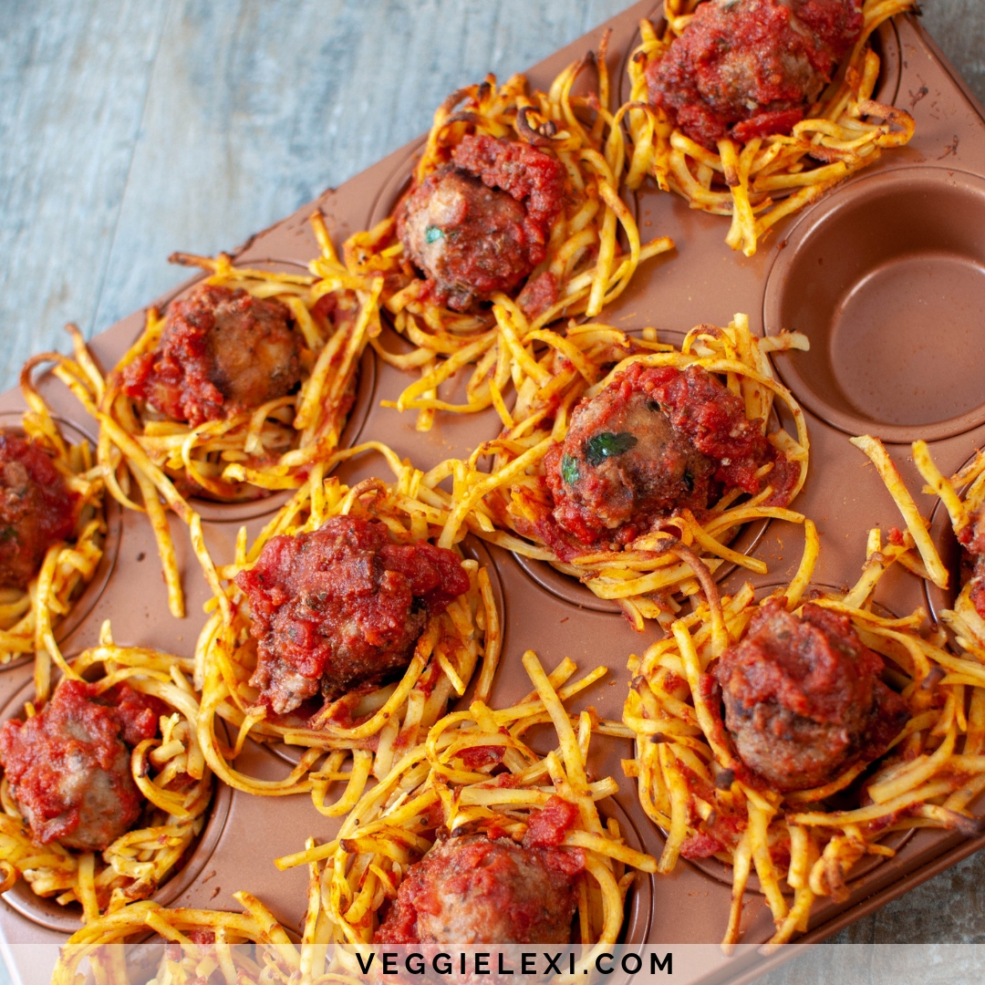 Vegan and Gluten Free Spaghetti Cups with Oat and Walnut Balls or "Meatballs" - by Veggie Lexi