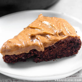 Easy and delicious chocolate skillet cake with almond butter icing. Vegan and gluten free, too! #veggielexi #veganrecipes #vegandessert #glutenfreerecipes - by Veggie Lexi