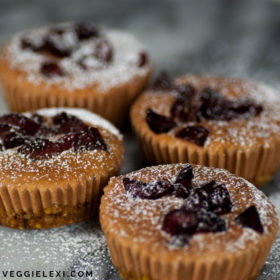 Tasty mini chocolate cherry cheesecakes made with a nut and date crust. Raw, vegan, and gluten free! #veggielexi #veganrecipes #vegandesserts #glutenfreerecipes #vegancheesecake - by Veggie Lexi