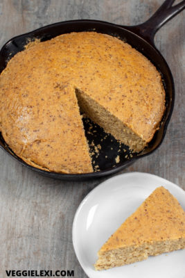 Delicious vegan and gluten free skillet cornbread! Just a little sweet and a lot savory. #veggielexi #veganrecipes #glutenfreerecipes #cornbread - by Veggie Lexi