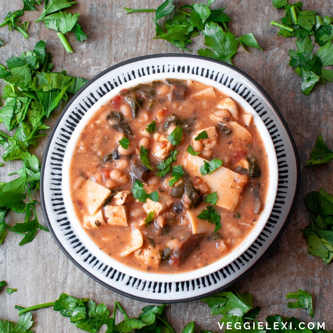 Creamy Vegan and Gluten Free Lasagna Soup. Made with Mushrooms, Garlic, Onion, Zucchini, Tomato, Navy Beans, and Tofu. #veggielexi #veganrecipes #vegansoup #lasagnasoup #glutenfreerecipes - by Veggie Lexi